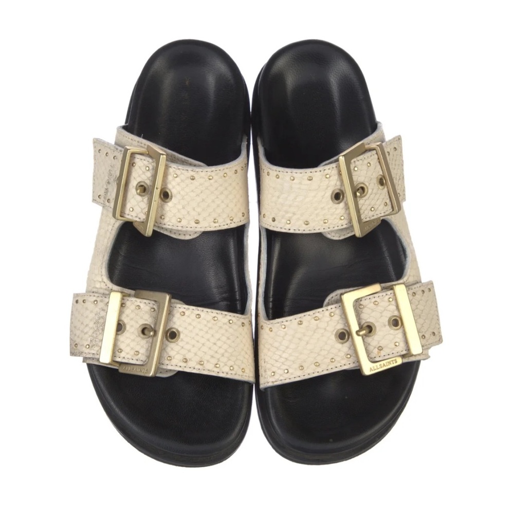 All Saints Cream Sandals/ slides with Gold Buckles size 6